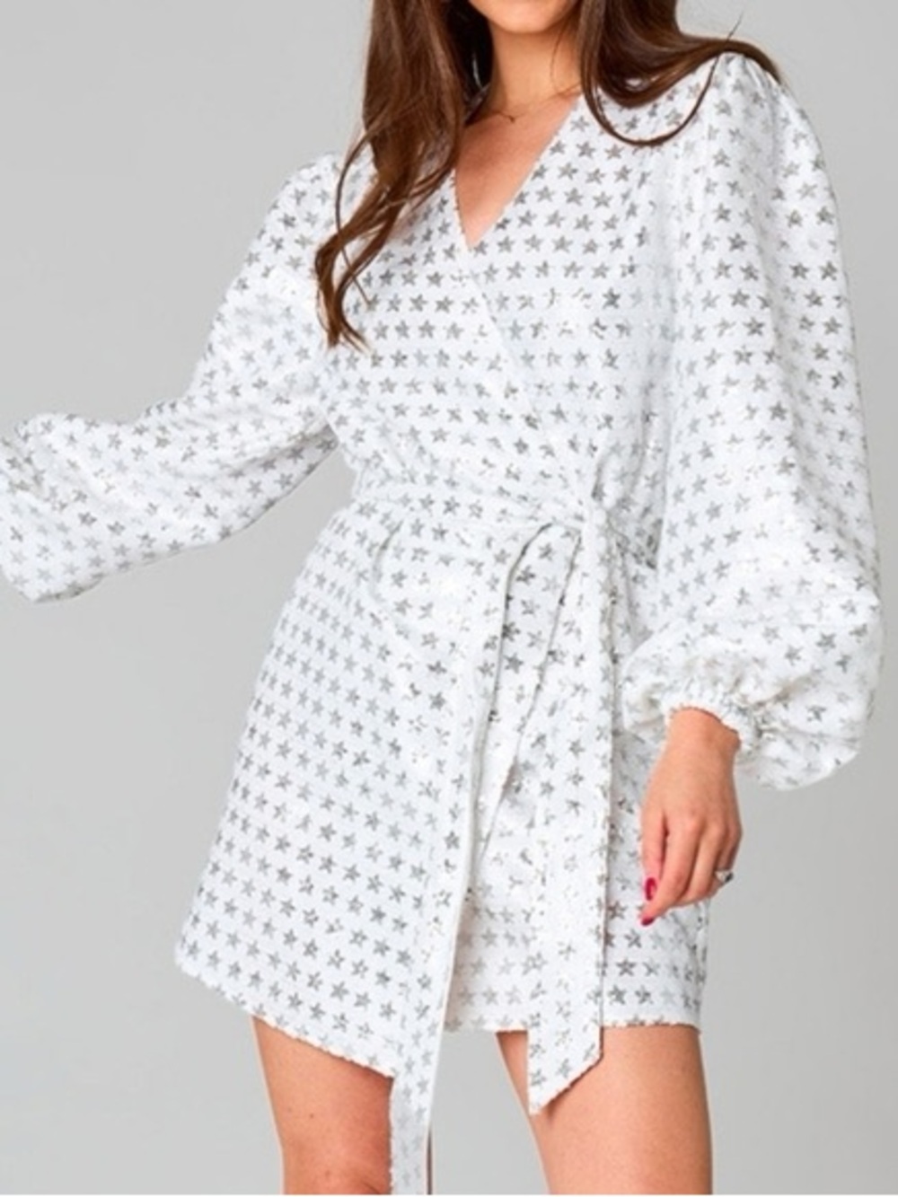 Buddy Love White Mini Wrap Dress with Silver Star Print - Size Small NWT